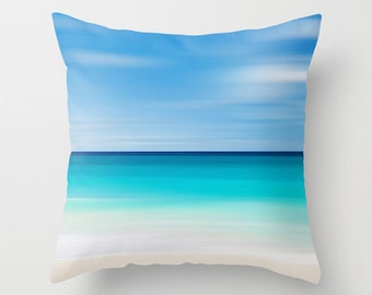 Coastal Decor Photography Pillow Beach Cottage Living Room Teal Turquoise Aqua Beige White Nautical Decor Tropical Beach Abstract Photo