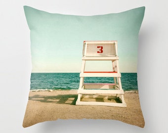 Beach Photography Pillow or Throw Pillow Cover Vintage Lifeguard Chair Ocean Sea Aqua Teal Mint Red Beige Living Room Bedroom Coastal Decor