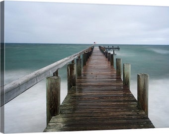 Large Canvas Art, Martha's Vineyard Photography, Beach Pier Picture, Ocean Storm Photo, Coastal Decor Beach Artwork Teal Green Blue Brown