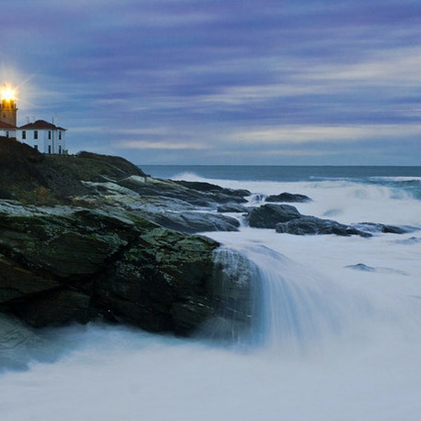 Fine Art Lighthouse Landscape Seascape Photo Print Sunrise Surf Rocks Rhode Island Beavertail Artistic Coastal Chic Home Decor