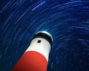 Night Stars Photography, Star Trails Photo, Night Sky Picture, Nantucket, Sankaty Lighthouse Astrophotography Large Wall Art Oversized Print