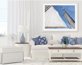 Framed Nautical Art, Sailing Photography, Mast Sails Photo, Schooner Sailing Print, Large Framed Boat Artwork, Blue White Brown, Cape Ann MA