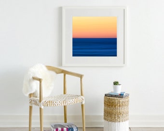 Abstract Art Print, Ocean Sunset Photo, Orange Blue Beach Decor, Large Wall Art Oversized Photography Red Yellow Navy Color Block Wall Decor