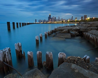 Chicago Skyline Photo, City Photography, Lake Michigan Picture, Pier Pilings, Large Wall Art, Oversized Art Print, City Night Blue Teal