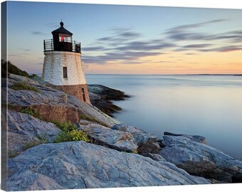 Nautical Decor, Canvas Wall Art Castle Hill Lighthouse Photography Newport Rhode Island Photo Beach Decor Large Art Blue Orange Grey Green