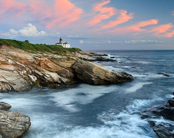 Ocean Lighthouse Wall Print, Rhode Island Coastal Photography, Beavertail Lighthouse Summer Sunset, Jamestown RI Photo, Large Seascape Art