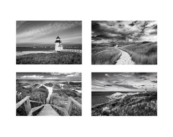 Beach Photography Set Four 4 Photos Coastal Decor Black and White Photos Cape Cod Nantucket Martha's Vineyard Print Set Lighthouse Pictures