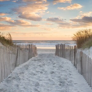 Large Beach Art 3 Three Panel Triptych Canvas Wall Art Beach Path Sunset Artwork Ocean Photography Newport RI Dunes Photo Beige Blue Orange image 3