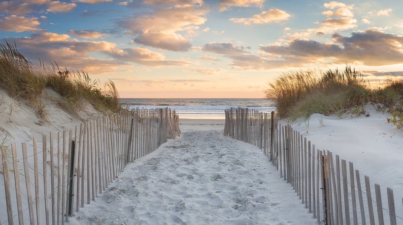 Large Beach Art 3 Three Panel Triptych Canvas Wall Art Beach Path Sunset Artwork Ocean Photography Newport RI Dunes Photo Beige Blue Orange image 3