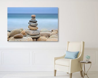 Beach Decor, Large Canvas Wall Art, Coastal Artwork, Ocean Photography Rocks Stones Cairns Martha's Vineyard Photo Large Wall Art Blue Beige