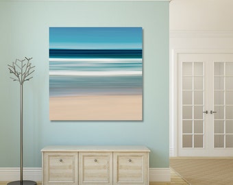 Nautical Wall Art Sea Stripes Ocean Waves Photo Canvas Gallery Wrap Square Art Print Coastal Beach Decor Living Room Bedroom Blue Teal Beige