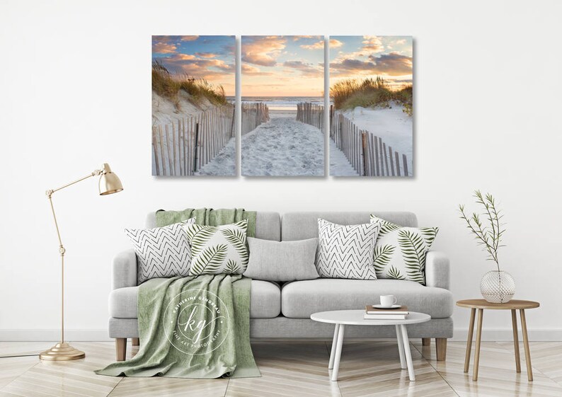 Large Beach Art 3 Three Panel Triptych Canvas Wall Art Beach Path Sunset Artwork Ocean Photography Newport RI Dunes Photo Beige Blue Orange image 2