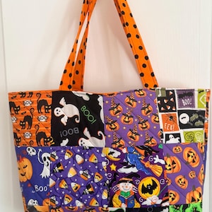 Handmade Halloween Patchwork Tote, Quilted Orange Black Spooky Bag, Reversible