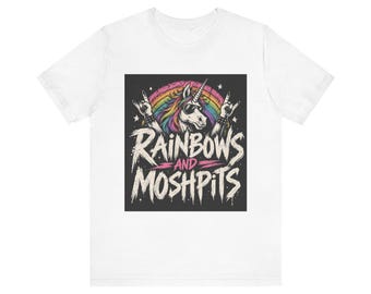 Rainbows and Moshpits T-Shirt | Unicorn Skull Rainbow Metal Graphic Tee
