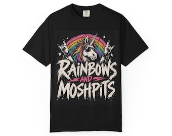 Rainbows and Moshpits T-shirt | Unicorn Skull Rock Design