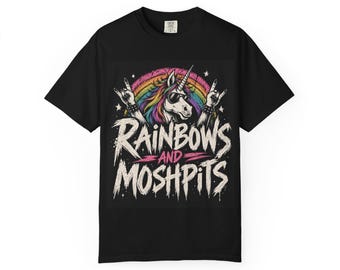 Rainbows and Moshpits T-shirt | Unicorn Skull Rock Design