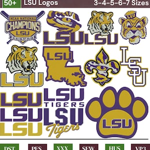 Può includere: Una collezione di oltre 50 ricami LSU in dimensioni da 3, 4, 5, 6 e 7 pollici. Le grafiche includono teste di tigre viola e oro, lo stato della Louisiana, gigli, impronte di zampe e loghi testuali LSU. I formati file includono DST, PES, XXX, SEW, HUS e VP3.