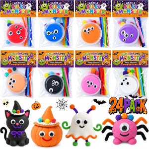 May include: A 24-pack of Make a Silly Monster and Make Your Own Monster craft kits, each containing a container of coloured dough, googly eyes, pom-poms, and pipe cleaners. The kits feature various colours including red, blue, orange, purple, black, pink, and white.