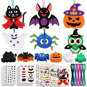 May include: A set of foam Halloween craft ornaments featuring a black cat, bat, pumpkin, ghost, spider, and owl. Includes stacks of die-cut foam shapes, sheets of adhesive googly eyes, mouth stickers, decorative star and candy decals, and coloured cords.