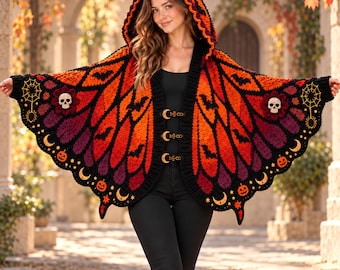 May include: A hooded crochet cloak featuring a vibrant orange, red, and purple butterfly wing pattern with black accents. The garment includes three gold-toned crescent moon clasps, skull embellishments, spider web motifs, and small pumpkin icons.