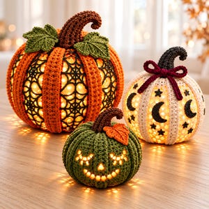 May include: Three crocheted pumpkins with internal lights. The largest is orange with a black spiderweb pattern, green leaves, and a brown stem. A smaller white pumpkin features black moon and star motifs and a maroon bow. A green pumpkin has a jack-o'-lantern face.