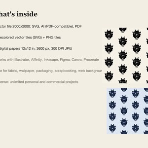 May include: A digital product listing titled What's inside, detailing vector tiles in SVG, AI, and PDF formats, three recolored vector tiles, and four 12x12 inch digital papers. The image displays two repeating patterns featuring a black sheep motif.