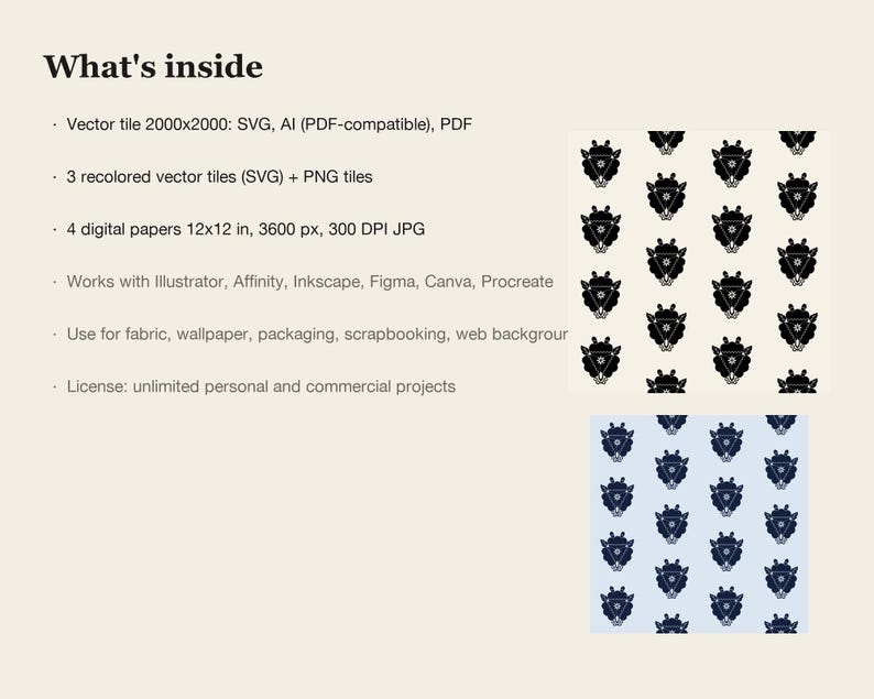 May include: A digital product listing titled What's inside, detailing vector tiles in SVG, AI, and PDF formats, three recolored vector tiles, and four 12x12 inch digital papers. The image displays two repeating patterns featuring a black sheep motif.