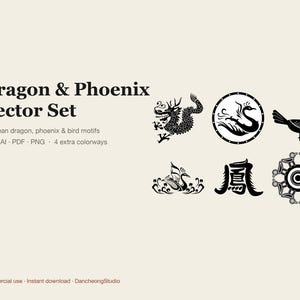 Conjunto vectorial de dragón y fénix coreanos, 8 motivos tradicionales SVG AI PNG en 5 combinaciones de colores, imágenes prediseñadas asiáticas para el Año Nuevo Lunar (uso comercial). imagen 1