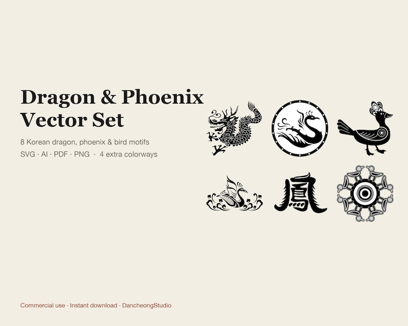 Conjunto vectorial de dragón y fénix coreanos, 8 motivos tradicionales SVG AI PNG en 5 combinaciones de colores, imágenes prediseñadas asiáticas para el Año Nuevo Lunar (uso comercial). imagen 1