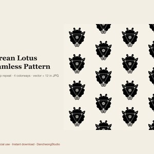 May include: A digital graphic design file featuring a Korean Lotus seamless pattern. The image displays black lotus motifs arranged in a repeating grid on a cream background. Text on the left reads: Korean Lotus Seamless Pattern, Half-drop repeat, 4 colorways, vector + 12 in JPG, Commercial use, Instant download, DancheongStudio.
