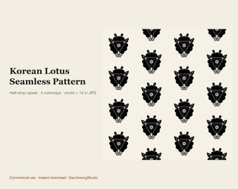 Koreansk Lotus Seamless Mönster, Vektor Upprepning Kakel SVG AI PNG + 12 x 12 i 300 dpi Digitalt Papper i 4 Färgställningar, Kommersiellt Bruk