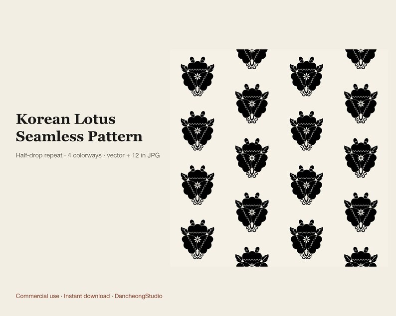 May include: A digital graphic design file featuring a Korean Lotus seamless pattern. The image displays black lotus motifs arranged in a repeating grid on a cream background. Text on the left reads: Korean Lotus Seamless Pattern, Half-drop repeat, 4 colorways, vector + 12 in JPG, Commercial use, Instant download, DancheongStudio.