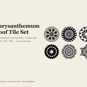 May include: A digital graphic set titled Chrysanthemum Roof Tile Set featuring six black circular and star-shaped floral motifs on a light background. The text includes 7 chrysanthemum roof-tile motifs, 5 colors each, SVG, AI, PDF, PNG, 4 extra colorways, Commercial use, Instant download, and DancheongStudio.