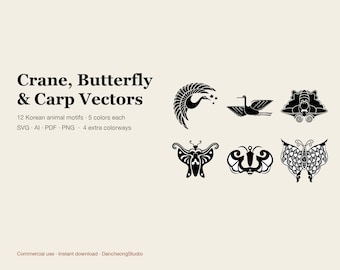 Korean Crane Butterfly Carp Vector Set, 12 Traditional Animal Motifs SVG AI PNG in 5 Colorways, Longevity Symbols Commercial Use