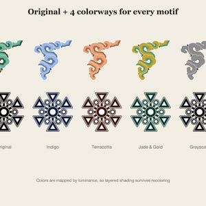 Puede incluir: Un gr&aacute;fico titulado Original + 4 colorways for every motif, que muestra dos filas de cinco patrones decorativos en verde, azul, naranja, dorado y gris. Debajo, las etiquetas dicen Original, Indigo, Terracotta, Jade & Gold y Grayscale.