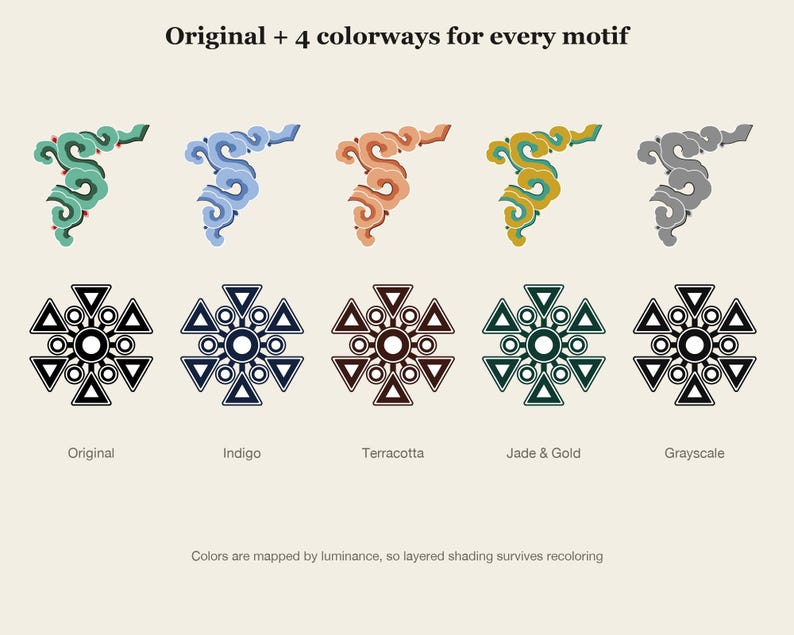 Puede incluir: Un gr&aacute;fico titulado Original + 4 colorways for every motif, que muestra dos filas de cinco patrones decorativos en verde, azul, naranja, dorado y gris. Debajo, las etiquetas dicen Original, Indigo, Terracotta, Jade & Gold y Grayscale.