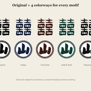 Op de afbeelding: Een grafische weergave met de tekst Original + 4 colorways for every motif. Het toont vijf sets van twee symbolen, een dubbel geluksteken en een bergkarakter in een cirkel, in zwart, indigo, terracotta, jade en grijstinten.