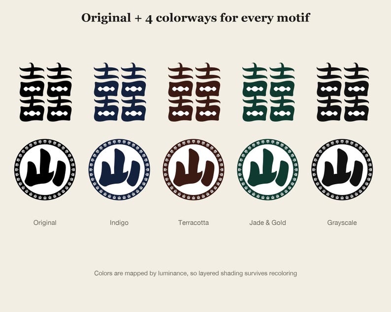 Op de afbeelding: Een grafische weergave met de tekst Original + 4 colorways for every motif. Het toont vijf sets van twee symbolen, een dubbel geluksteken en een bergkarakter in een cirkel, in zwart, indigo, terracotta, jade en grijstinten.