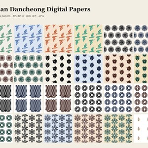 Digitalt papperspaket med koreanskt Dancheong, 24 sömlösa mönster 12 x 12 i 300 DPI JPG, traditionellt koreanskt palatsmönster, Lotus Taegeuk-klippbok bild 2