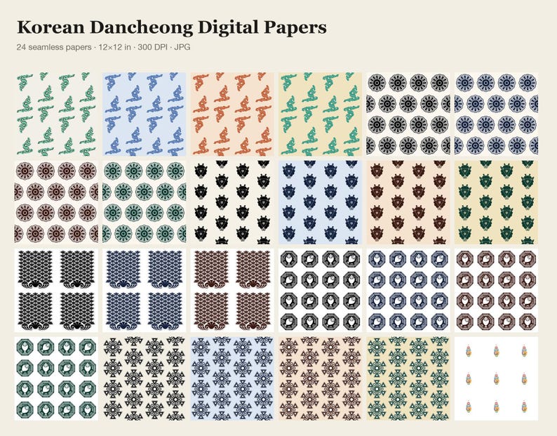 Digitalt papperspaket med koreanskt Dancheong, 24 sömlösa mönster 12 x 12 i 300 DPI JPG, traditionellt koreanskt palatsmönster, Lotus Taegeuk-klippbok bild 2