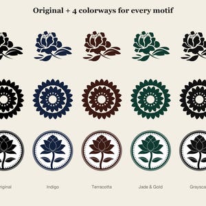 Koreanisches Blumen- und Geometrie-Muster-Vektorpaket Vol. 3, 65 Pfingstrosen-, Chrysanthemen- und Lotus-Gittermotive + 9 nahtlose Kacheln (SVG, AI, PNG) Bild 4