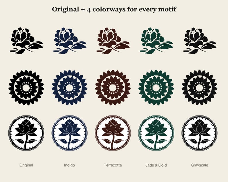 Koreanisches Blumen- und Geometrie-Muster-Vektorpaket Vol. 3, 65 Pfingstrosen-, Chrysanthemen- und Lotus-Gittermotive + 9 nahtlose Kacheln (SVG, AI, PNG) Bild 4