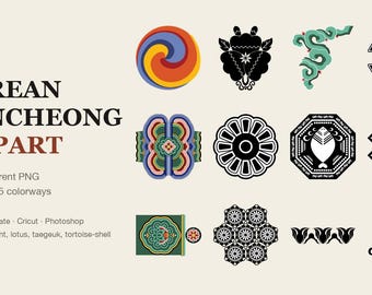 Korean Dancheong Clipart, 115 Transparent PNG Lotus Taegeuk Palace Motifs in 5 Colorways, Canva Procreate Cricut Commercial Use