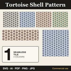 Może przedstawiać: Cyfrowa grafika zatytułowana Tortoise Shell Pattern przedstawiająca sześć wariantów geometrycznego, bezszwowego wzoru kafelków w różnych kombinacjach kolorystycznych. Pole z napisem 1 SEAMLESS TILE 4 COLOURS oraz formaty plików SVG, AI, PDF, PNG, JPG.