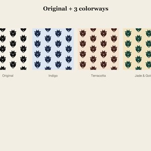 May include: A repeating pattern design titled Original + 3 colorways, featuring four squares with a central motif. The color schemes are black on cream, dark blue on light blue, dark brown on peach, and dark green on gold, labeled Original, Indigo, Terracotta, and Jade & Gold.
