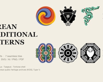 Korean Traditional Pattern Vector Bundle, 23 Dancheong Lotus Taegeuk Motifs + 7 Seamless Patterns SVG AI PNG, Commercial Use Clipart
