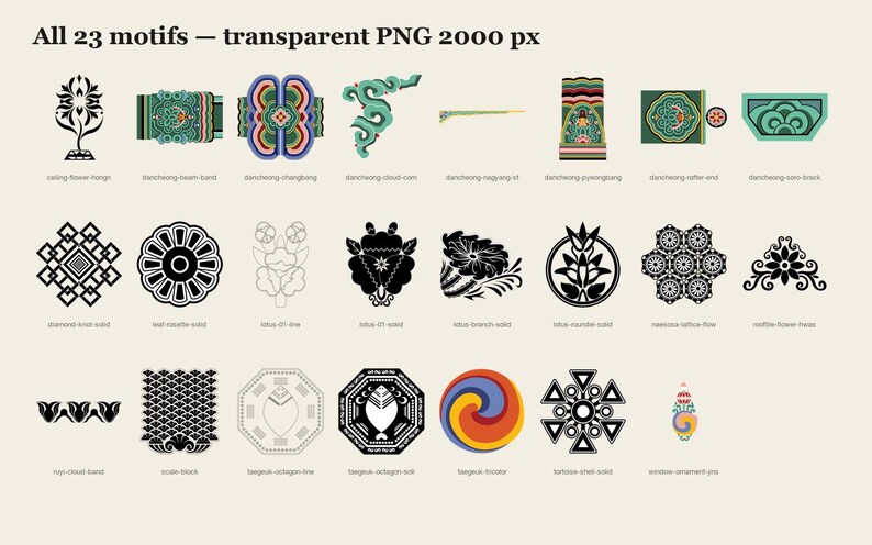 May include: A collection of 23 digital motifs displayed in a grid, featuring various black and white line art designs alongside colorful traditional patterns. The text 'All 23 motifs &mdash; transparent PNG 2000 px' appears at the top of the image.