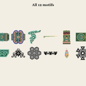 Puede incluir: Una colecci&oacute;n de 12 motivos gr&aacute;ficos dispuestos en dos filas sobre un fondo claro. Los dise&ntilde;os incluyen patrones intrincados en verde, azul, rosa y negro, con formas florales, geom&eacute;tricas y abstractas con el texto All 12 motifs.