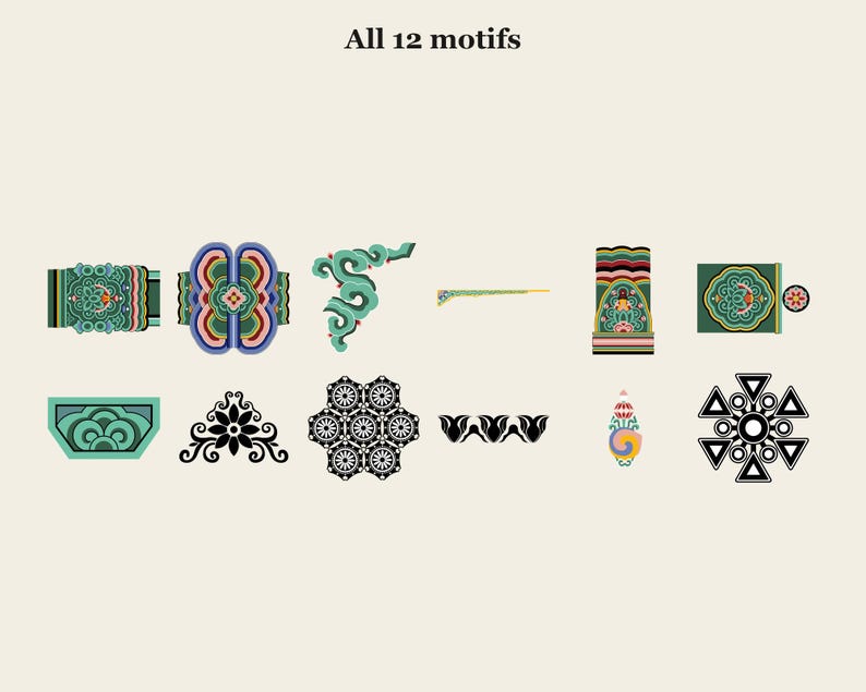 Puede incluir: Una colecci&oacute;n de 12 motivos gr&aacute;ficos dispuestos en dos filas sobre un fondo claro. Los dise&ntilde;os incluyen patrones intrincados en verde, azul, rosa y negro, con formas florales, geom&eacute;tricas y abstractas con el texto All 12 motifs.