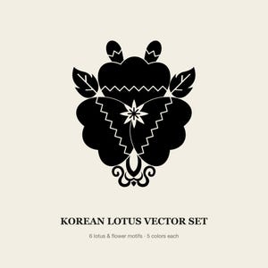 May include: A black graphic illustration of a stylized lotus flower motif centered on a cream background. Below the graphic, the text reads KOREAN LOTUS VECTOR SET, followed by the smaller text 6 lotus & flower motifs 5 colors each.